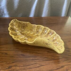 Vintage MCM Glazed Yellow Speckled Ceramic Ashtray Shell Fan Wave Handmade 1978